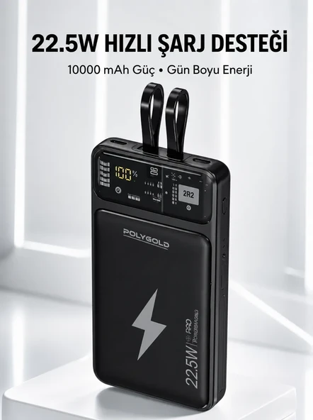 Powerbank Hızlı Şarj 10000 mAh Dahili Kablo Yeni Nesil ürün görseli 1