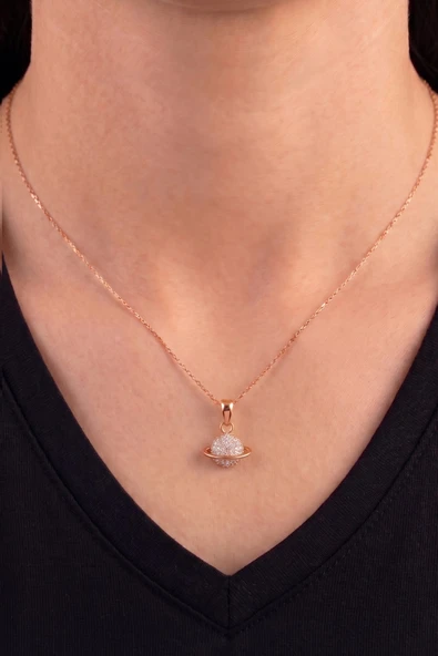 925 Ayar Gümüş Kolye Rose Zirkon Taşlı Evren Işıltısı Satürn Gezegen Kolye uzay Temalı SGTL13406ROSE ürün görseli 1