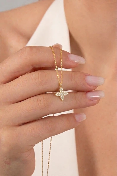 925 Ayar Gümüş Kolye Altın Kaplama Zirkon Taşlı Dört Yapraklı Yonca Model  Kolye SGTL13412GOLD ürün görseli 1