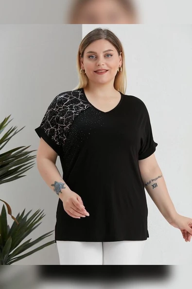 Wearon Kadın Omzu Taşlı Varaklı Kolu Duble Katlı Siyah İyem Tişört ürün görseli 1