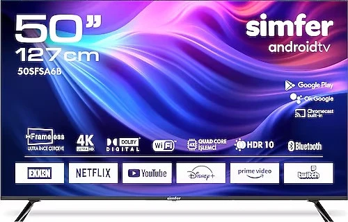 Simfer 50SFSA6B 4K Ultra HD 50" 127 Ekran Uydu Alıcılı Android Smart LED TV ürün görseli 1