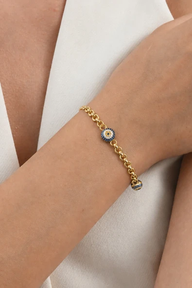 925 Ayar Gümüş Kuyumcu Model 9,5 mm Nazarlı Bileklik Altın Kaplama Doç Zincirli Üçlü Nazar SGTL13416GOLD ürün görseli 1