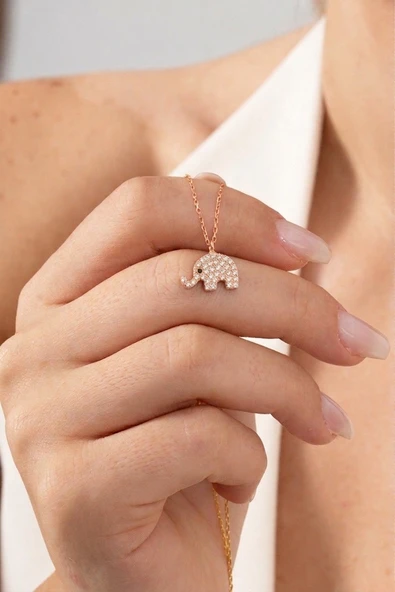 925 Ayar Gümüş Kolye Rose Kaplama Zirkon Taşlı Mini Fil Kolye SGTL13411ROSE ürün görseli 1