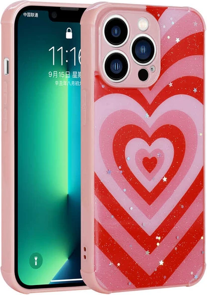 iPhone 12 Pro Max Kılıf Simli Desenli Kamera Korumalı Parlak Mnc Popy Kapak-Kalp ürün görseli 1
