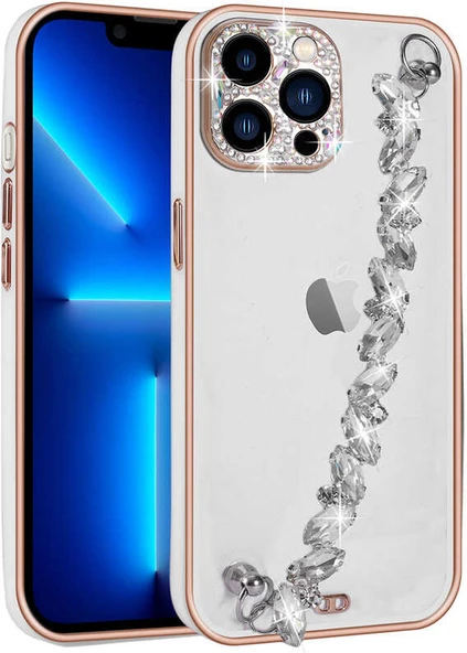 iPhone 13 Pro Uyumlu Taş Süslemeli Kamera Korumalı El Tutamaçlı Mnc Blazer Kapak-Beyaz ürün görseli 1