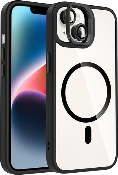 iPhone 14 Kılıf Standlı ve Kamera Lens Hediyeli M-Safe Şarj Özellikli Mnc Etro Kapak - Siyah ürün görseli 1