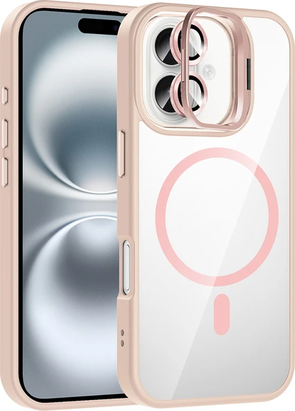 iPhone 16 Kılıf Standlı ve Kamera Lens Hediyeli M-Safe Şarj Özellikli Mnc Etro Kapak - Pembe ürün görseli 1