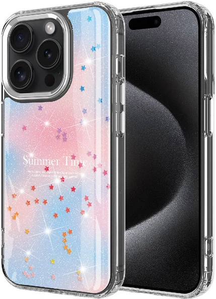 iPhone 15 Pro Max Uyumlu Simli Desenli Parlak Mnc Task Kapak-Mavi ürün görseli 1