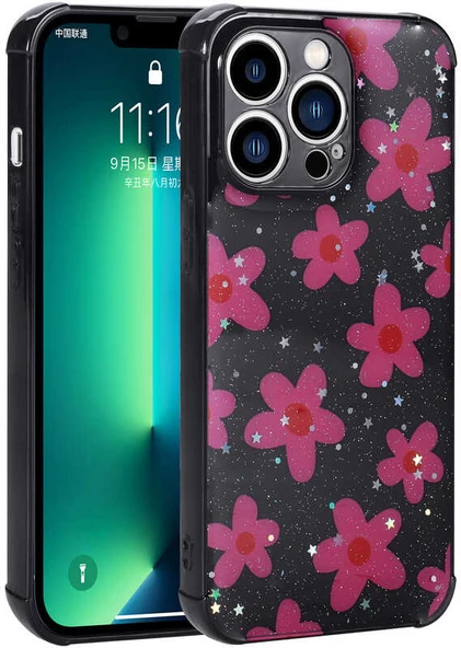 iPhone 11 Pro Uyumlu Simli Desenli Kamera Korumalı Parlak Mnc Popy Kapak-Çiçek ürün görseli 1