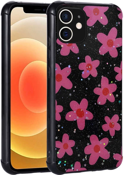iPhone 12 Uyumlu Simli Desenli Kamera Korumalı Parlak Mnc Popy Kapak-Çiçek ürün görseli 1