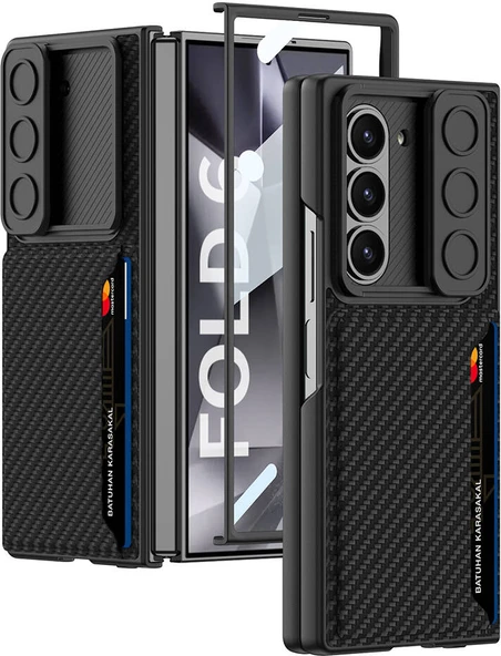 Galaxy Z Fold 6 Kılıf Kamera Korumalı Karbon Fiber Arka Yüzey Mnc Kartlıklı Kıpta Sert Kapak-Siyah ürün görseli 1