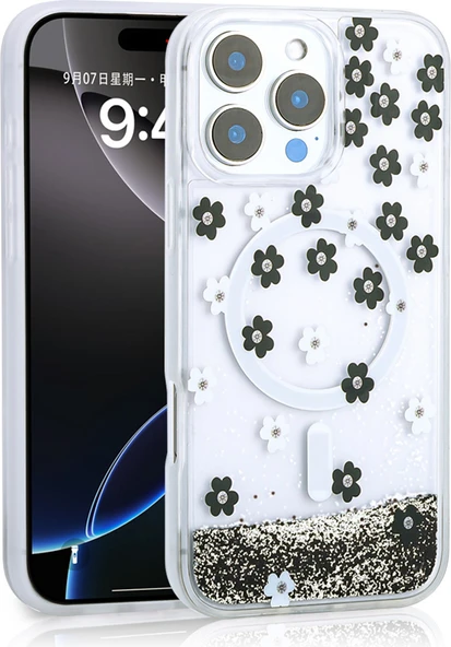 iPhone 16 Pro Max Uyumlu Kılıf Sıvılı Simli Baskılı Şeffaf Arka Yüzey Mnc Mossa Silikon Kapak-Siyah ürün görseli 1