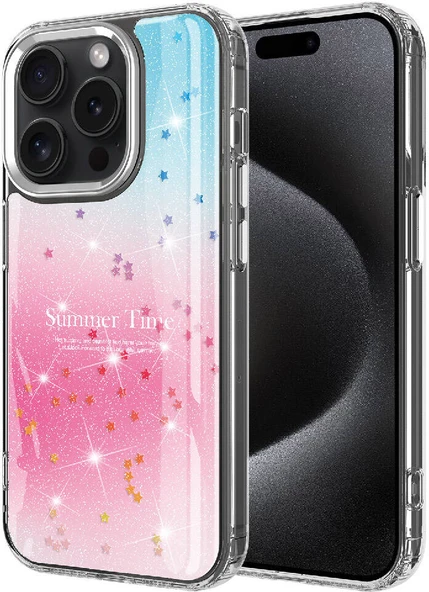 iPhone 15 Pro Uyumlu Simli Desenli Parlak Mnc Task Kapak-Pembe ürün görseli 1