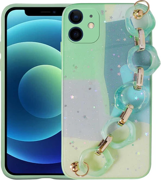 iPhone 11 Uyumlu Simli Desenli El Askılı Tutacaklı Mnc Elsa Silikon Kapak-Yeşil ürün görseli 1