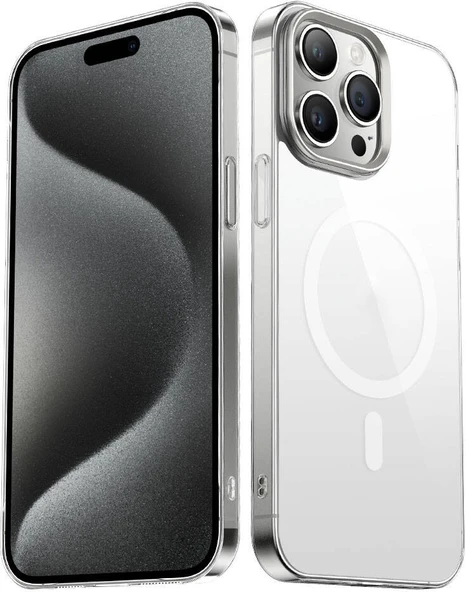 iPhone 15 Pro Max Uyumlu Mnc Wireless Şarj Özellikli Şeffaf G-Glass Kapak-Gümüş ürün görseli 1