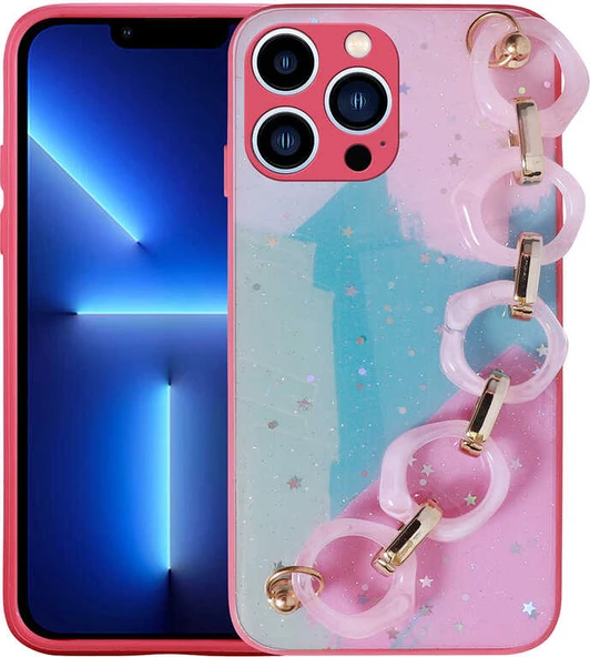 iPhone 13 Pro Kılıf Simli Desenli El Askılı Tutacaklı Mnc Elsa Silikon Kapak-Pembe Koyu ürün görseli 1