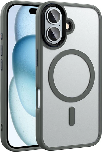 Apple iPhone 16 Plus Kılıf Mat Arka Yüzey Wireless Şarj Özellikli Mnc Flet Magsafe Kapak-Titanyum-G ürün görseli 1