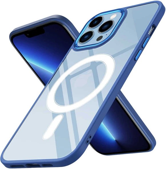 iPhone 13 Pro Uyumlu Wireless Şarj Özellikli Mnc Krom Magsafe Silikon Kapak-Lacivert ürün görseli 1