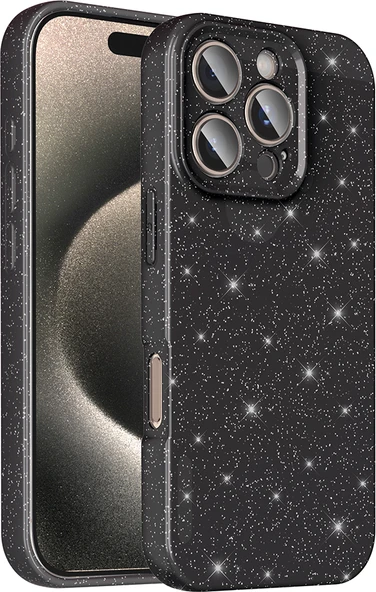 iPhone 16 Pro Max Kılıf Kamera Korumalı Simli Lüks Mnc Koton Kapak - Siyah ürün görseli 1