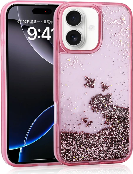 iPhone 16 Uyumlu Kılıf Sıvılı Simli Şeffaf Arka Yüzey Mnc Keto Silikon Kapak-Pembe ürün görseli 1