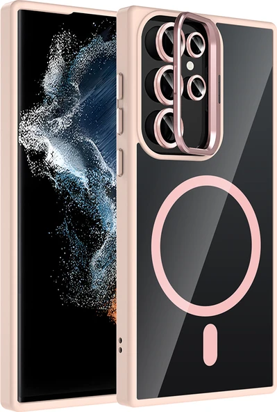 Galaxy S23 Ultra Kılıf Standlı ve Kamera Lens Hediyeli M-Safe Şarj Özellikli Mnc Etro Kapak - Pembe ürün görseli 1