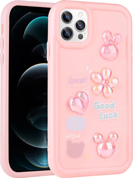 iPhone 13 Pro Max Uyumlu Kabartma Figürlü Parlak Mnc Toys Silikon Kapak-Pembe ürün görseli 1