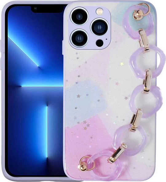 iPhone 13 Pro Uyumlu Simli Desenli El Askılı Tutacaklı Mnc Elsa Silikon Kapak-Lila ürün görseli 1