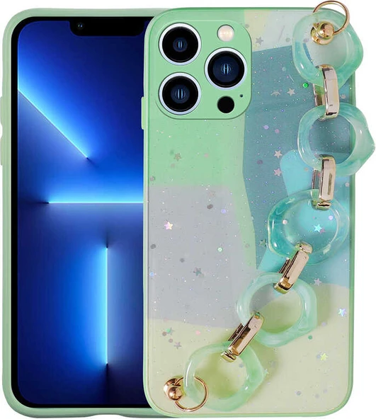iPhone 12 Pro Uyumlu Simli Desenli El Askılı Tutacaklı Mnc Elsa Silikon Kapak-Yeşil ürün görseli 1