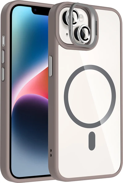 iPhone 14 Kılıf Standlı ve Kamera Lens Hediyeli M-Safe Şarj Özellikli Mnc Etro Kapak - Gri ürün görseli 1