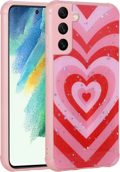 Galaxy S21 Fe Kılıf Simli Desenli Kamera Korumalı Parlak Mnc Popy Kapak-Kalp ürün görseli 1