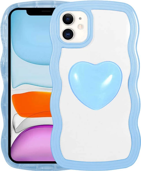 iPhone 11 Uyumlu Renkli Kalp Figürlü Mnc Ponçik Kapak-Mavi ürün görseli 1