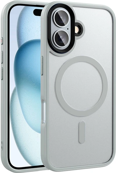 Apple iPhone 16 Kılıf Mat Arka Yüzey Wireless Şarj Özellikli Mnc Flet Magsafe Kapak-Gümüş ürün görseli 1