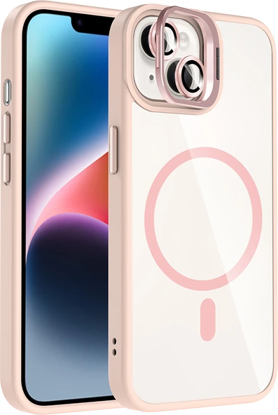 iPhone 13 Kılıf Standlı ve Kamera Lens Hediyeli M-Safe Şarj Özellikli Mnc Etro Kapak - Pembe ürün görseli 1