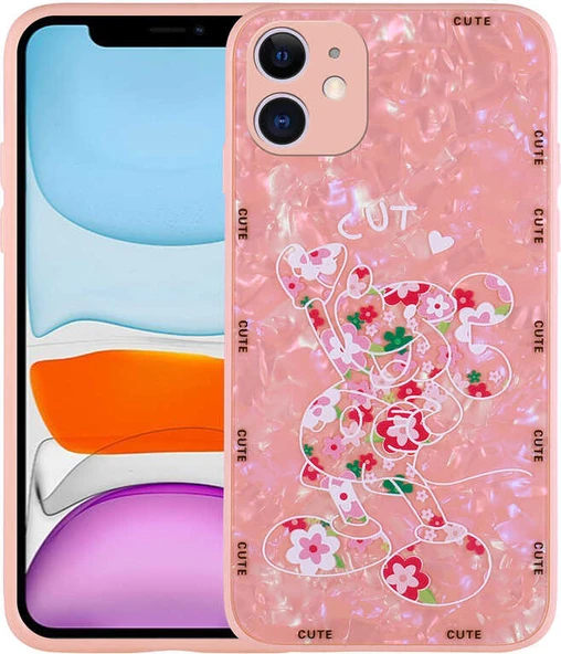 iPhone 12 Uyumlu Desenli Sert Silikon Mnc Mumila Kapak-Pink Mouse ürün görseli 1