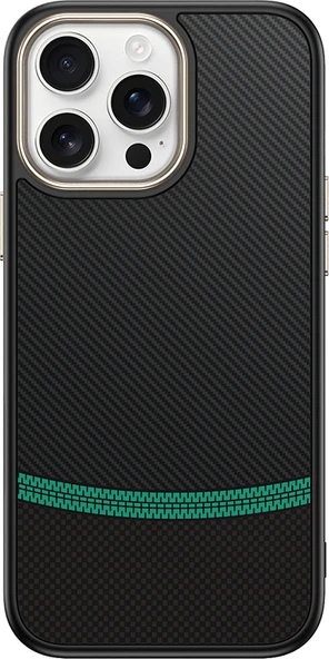 iPhone 15 Pro Max Kılıf M-Safe Şarj Özellikli Karbon Fiber Görünümlü Mnc Antina Kapak - Siyah-Yeşil ürün görseli 1