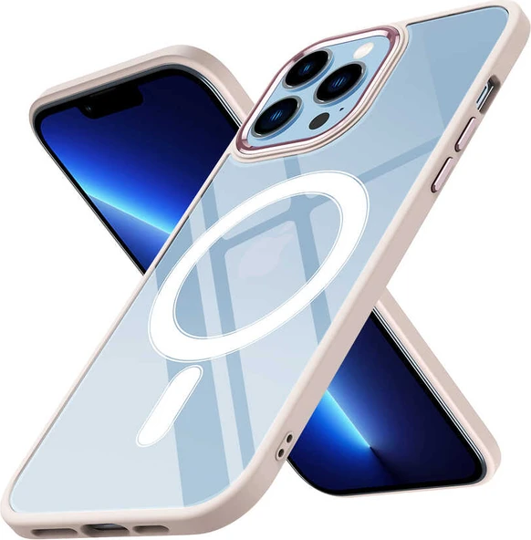 iPhone 13 Pro Max Uyumlu Wireless Şarj Özellikli Mnc Krom Magsafe Silikon Kapak-Pembe Açık ürün görseli 1
