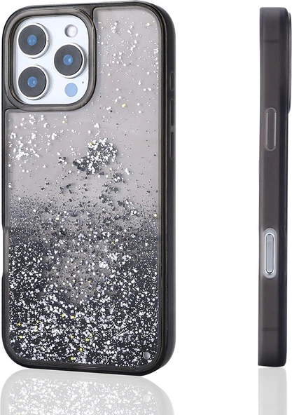iPhone 15 Pro Max Uyumlu Kılıf Sıvılı Simli Şeffaf Arka Yüzey Mnc Keto Silikon Kapak-Siyah ürün görseli 1