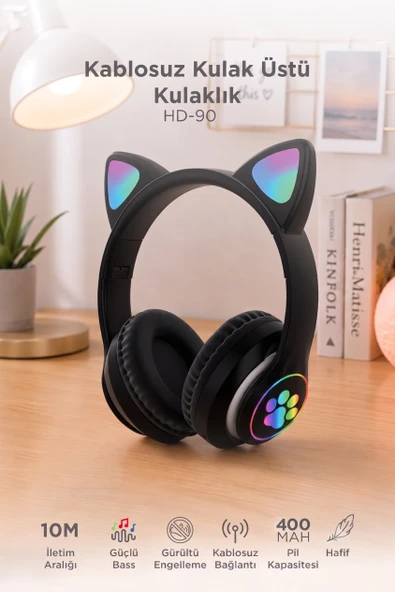 Bluetooth Kulaklık Kulak Üstü Kedi Tasarımlı Kablosuz Kulaklık HD90 ürün görseli 1