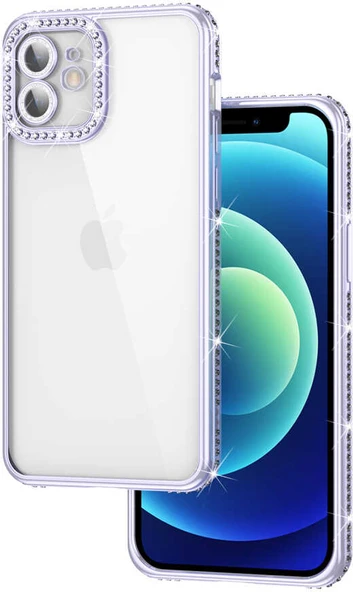 iPhone 12 Kılıf Kamera Korumalı Taşlı Mnc Mina Kapak-Lila ürün görseli 1