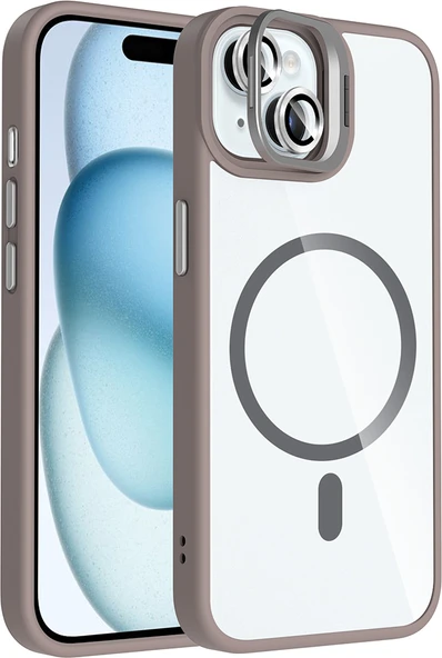 iPhone 15 Kılıf Standlı ve Kamera Lens Hediyeli M-Safe Şarj Özellikli Mnc Etro Kapak - Gri ürün görseli 1