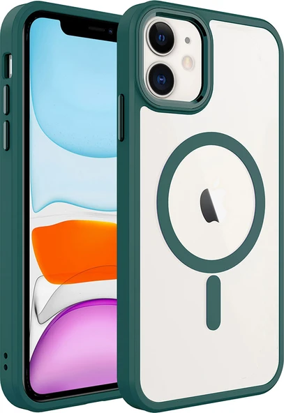 iPhone 11 Uyumlu Wireless Şarj Özellikli Mnc Krom Magsafe Silikon Kapak-Koyu Yeşil ürün görseli 1