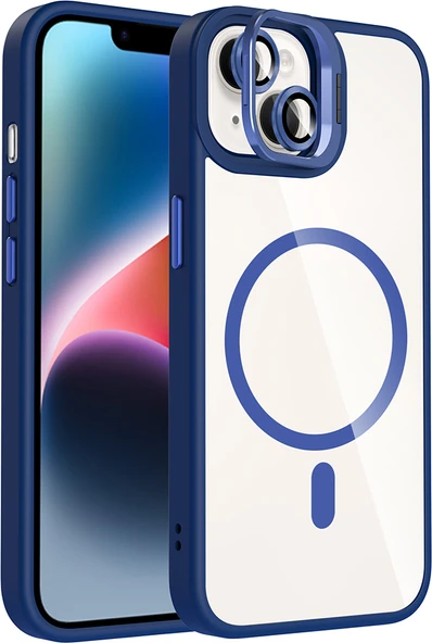 iPhone 14 Kılıf Standlı ve Kamera Lens Hediyeli M-Safe Şarj Özellikli Mnc Etro Kapak - Lacivert ürün görseli 1