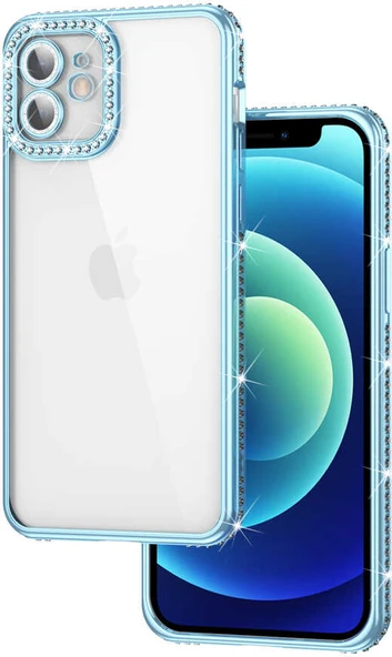 iPhone 11 Kılıf Kamera Korumalı Taşlı Mnc Mina Kapak-Mavi ürün görseli 1