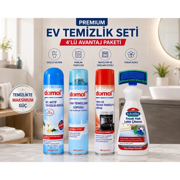 Premium Ev Temizlik Seti 4'lü -Domol Wc Köpüğü + Cam Temizleyici + Fırın Temizleyici + Dr. Beckmann Halı Leke Çıkarıcı ürün görseli 1