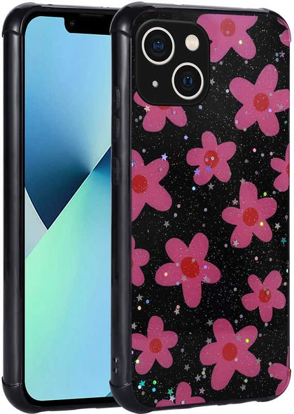 iPhone 13 Uyumlu Simli Desenli Kamera Korumalı Parlak Mnc Popy Kapak-Çiçek ürün görseli 1