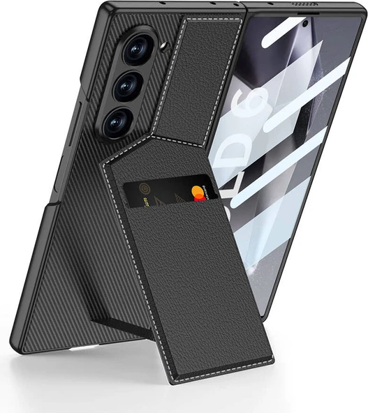 Galaxy Z Fold 6 Kılıf Karbon Fiber Deri Kartlıklı Mnc Kıpta Dik Açılan Kartlıklı Kapak-Siyah ürün görseli 1