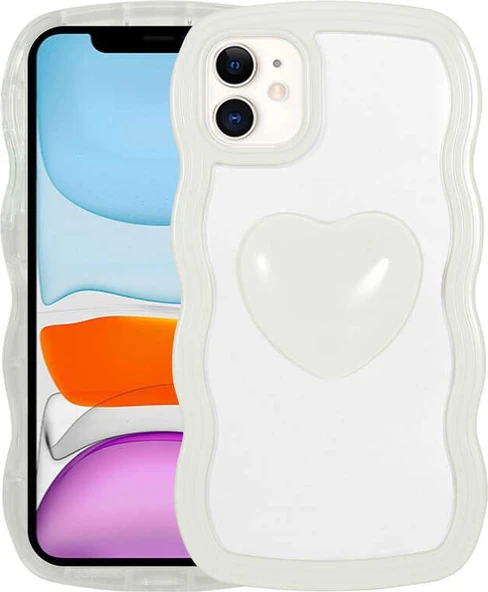 iPhone 11 Kılıf Renkli Kalp Figürlü Mnc Ponçik Kapak-Beyaz ürün görseli 1