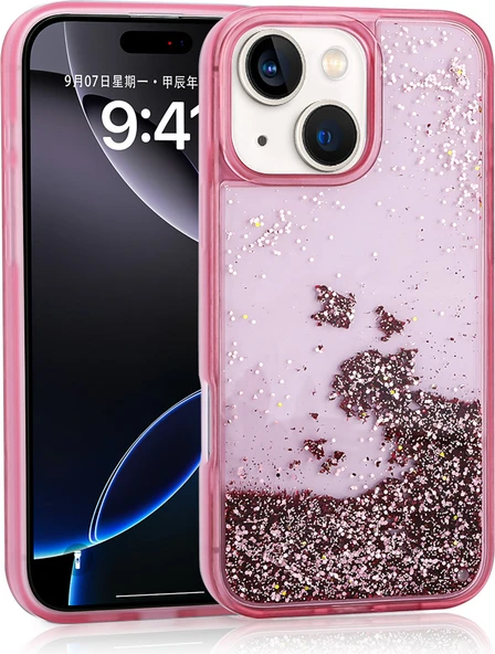 iPhone 15 Uyumlu Kılıf Sıvılı Simli Şeffaf Arka Yüzey Mnc Keto Silikon Kapak-Pembe ürün görseli 1