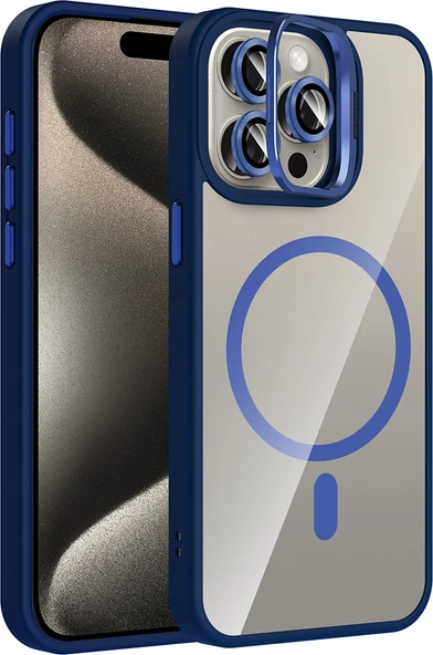 iPhone 15 Pro Kılıf Standlı ve Kamera Lens Hediyeli M-Safe Şarj Özellikli Mnc Etro Kapak - Lacivert ürün görseli 1