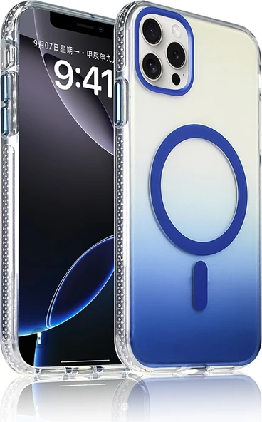 Rengareng iPhone 16 Pro Kılıf M-Safe Şarj Özellikli Transparan Renk Geçişli Zore Toros Kapak - Mavi ürün görseli 1
